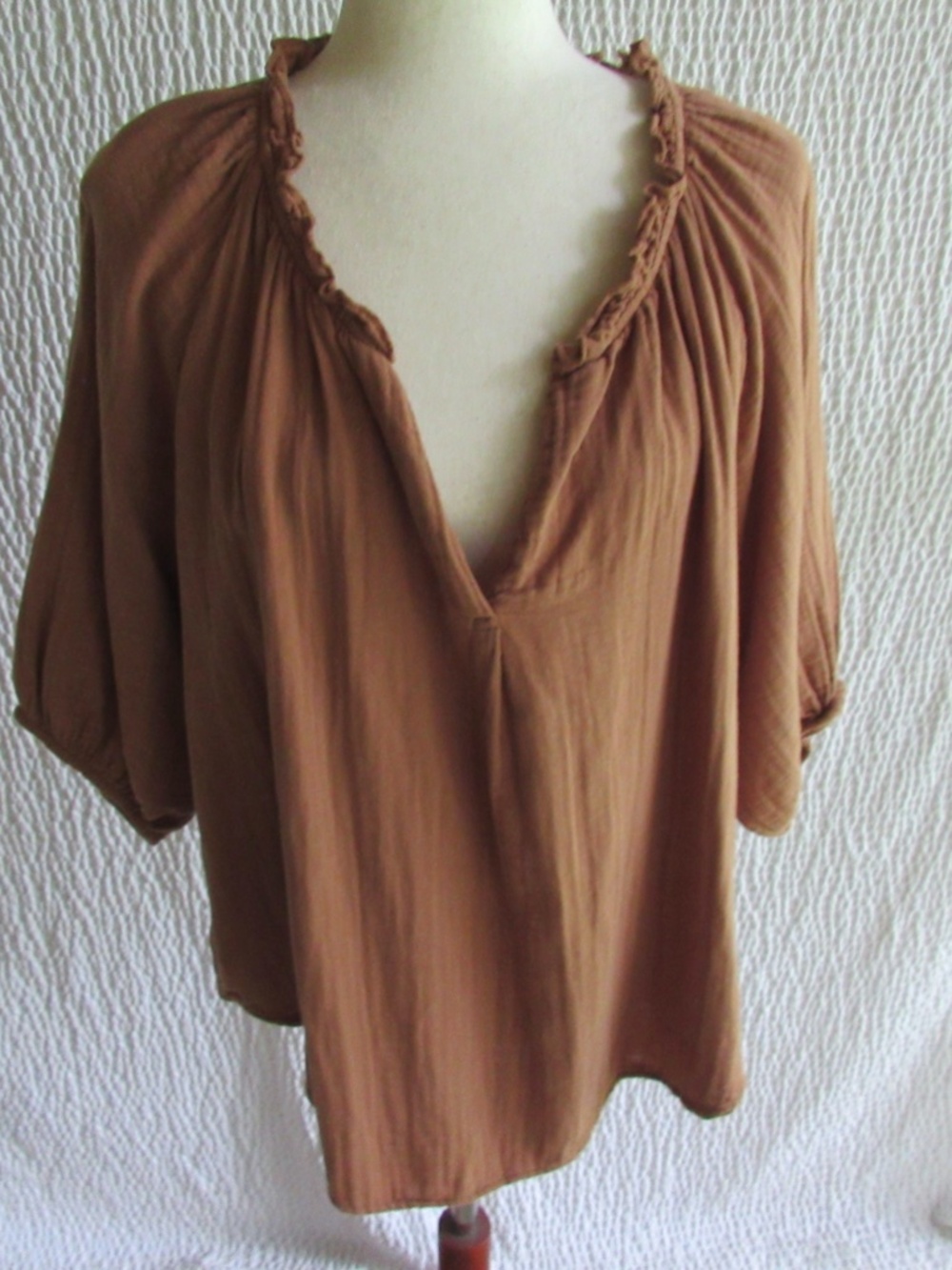 Solid Brown Gauze Shirt Top L Pullover Short Sleeve Vneck Dylan Loose Curved Hem